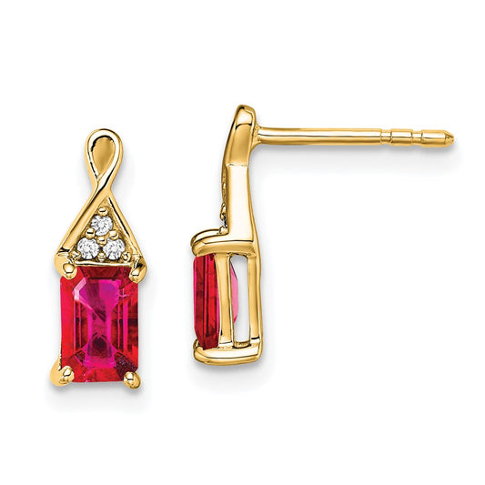 Solid 14k Yellow Gold Simulated Ruby and CZ Earrings