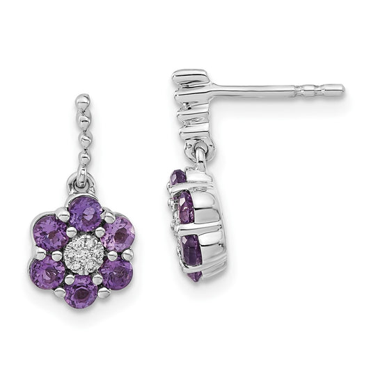 Solid 14k White Gold Simulated Amethyst and CZ Earrings