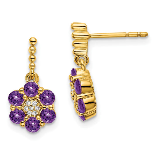 Solid 14k Yellow Gold Simulated Amethyst and CZ Earrings