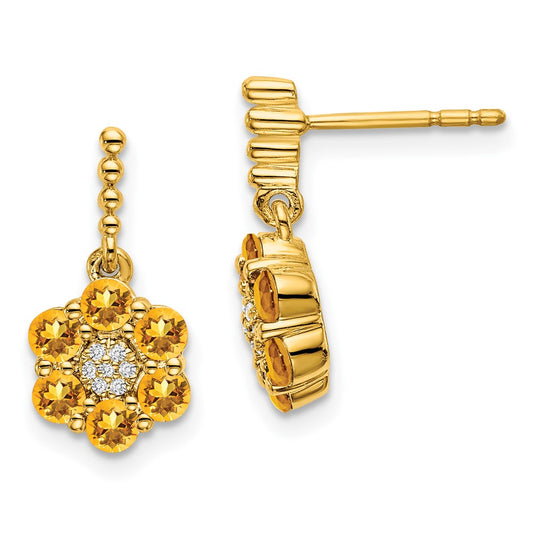 Solid 14k Yellow Gold Simulated Citrine and CZ Earrings