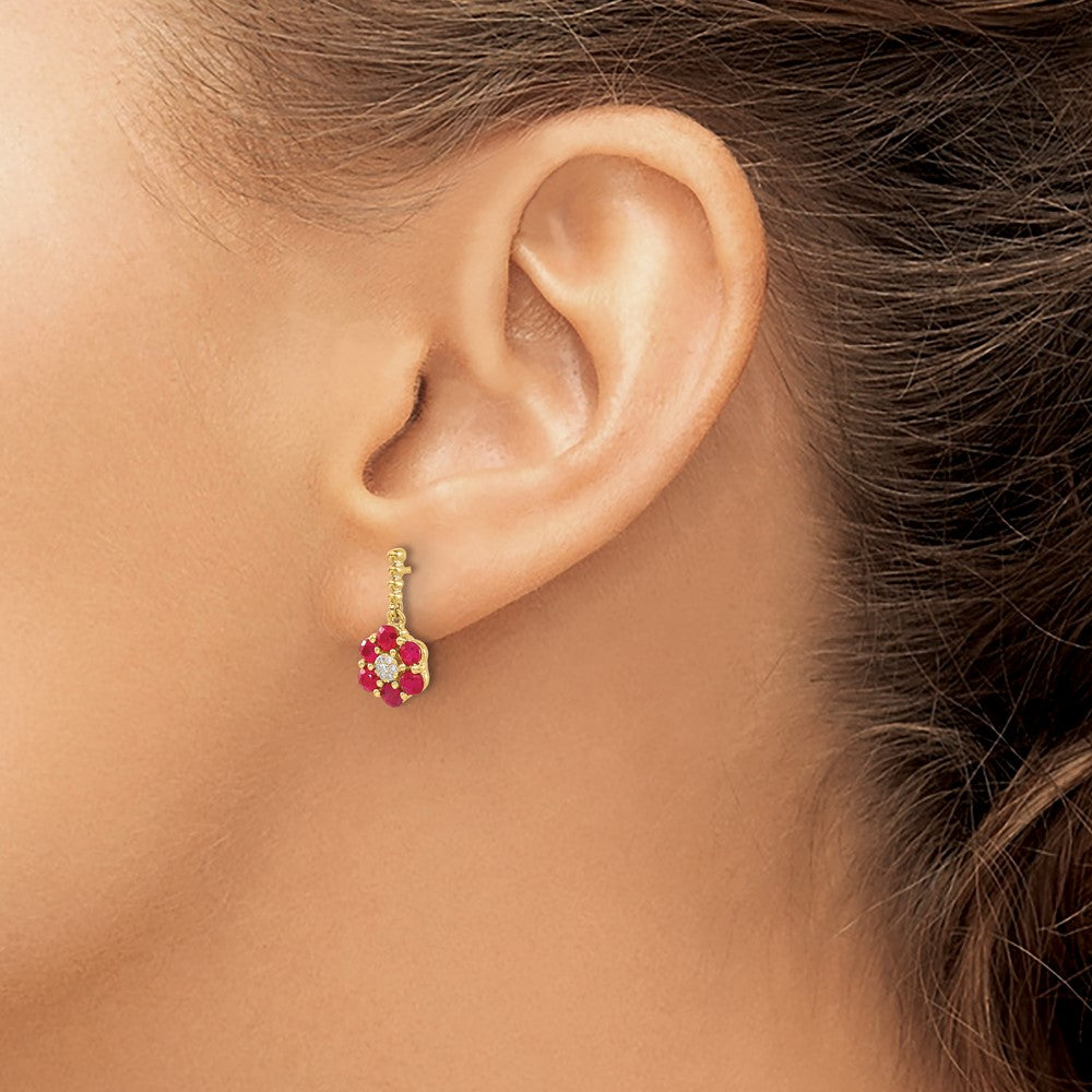 Solid 14k Yellow Gold Simulated Ruby and CZ Earrings