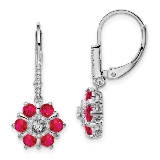 Solid 14k White Gold Simulated Ruby and CZ LeverbacK Earrings