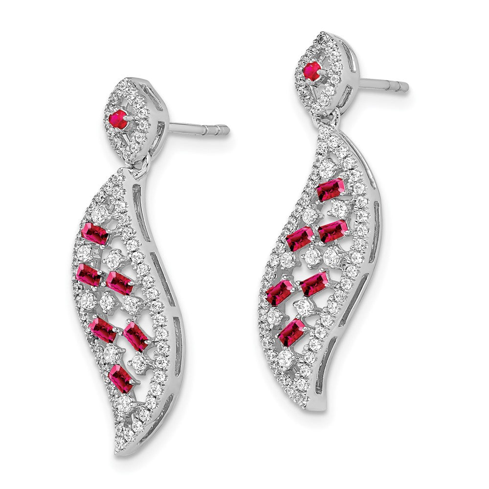 Solid 14k White Gold Simulated Ruby and CZ Wave Post Earrings