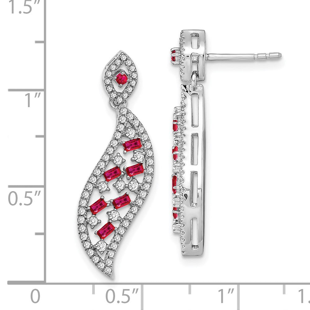 Solid 14k White Gold Simulated Ruby and CZ Wave Post Earrings