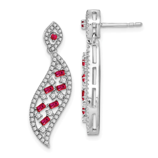 Solid 14k White Gold Simulated Ruby and CZ Wave Post Earrings