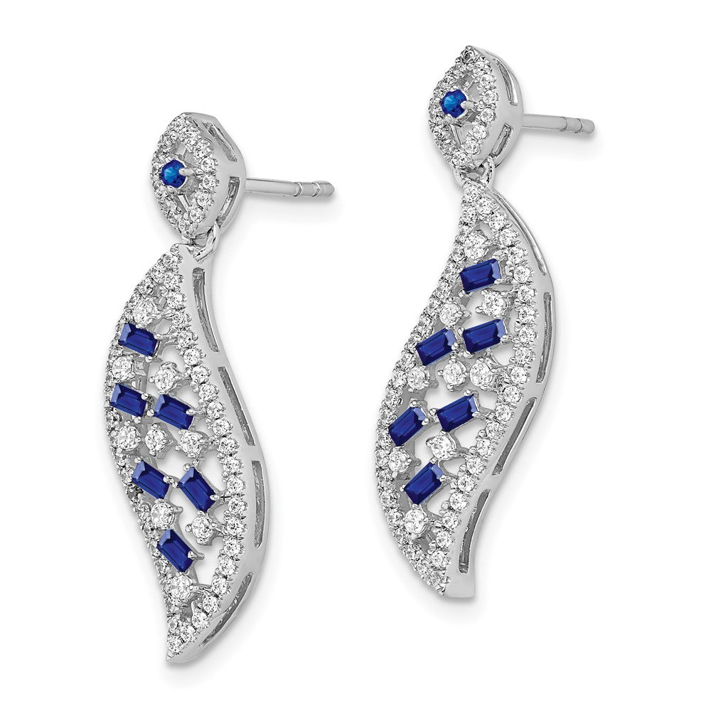 Solid 14k White Gold Simulated Sapphire and CZ Wave Post Earrings