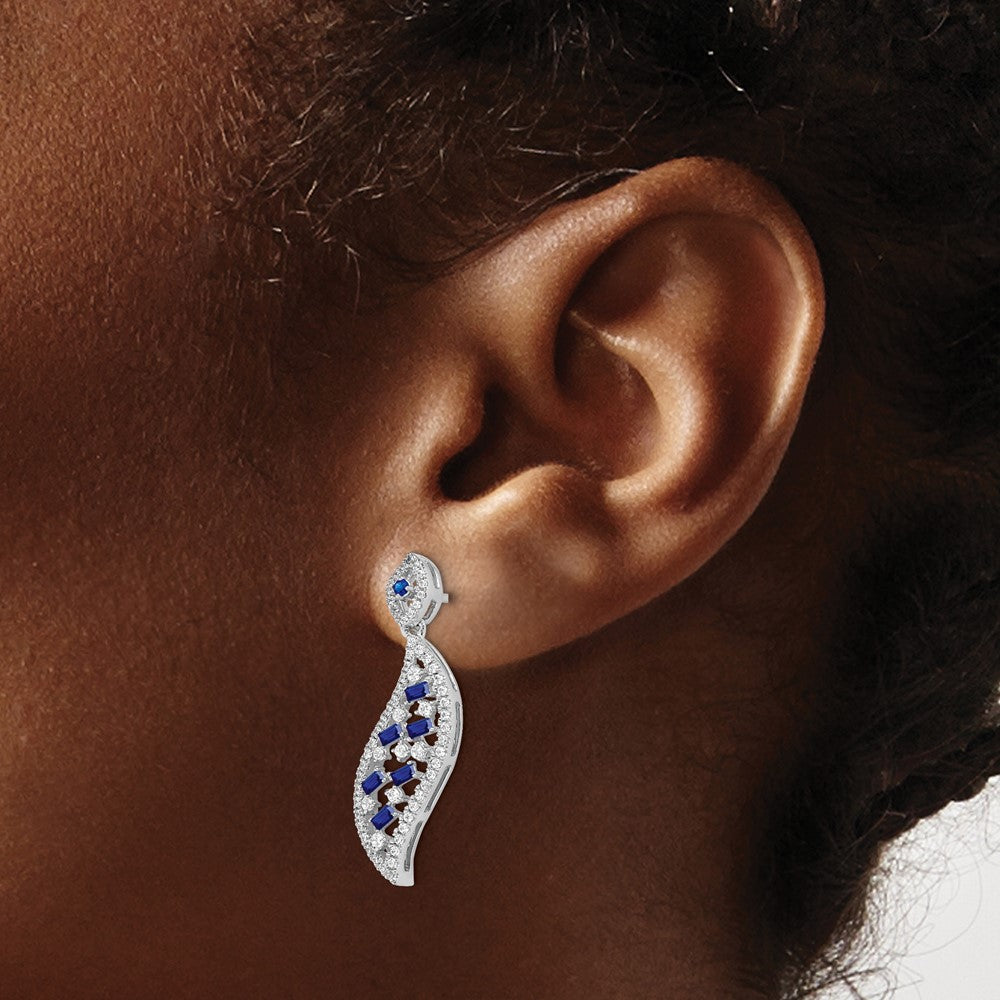 Solid 14k White Gold Simulated Sapphire and CZ Wave Post Earrings