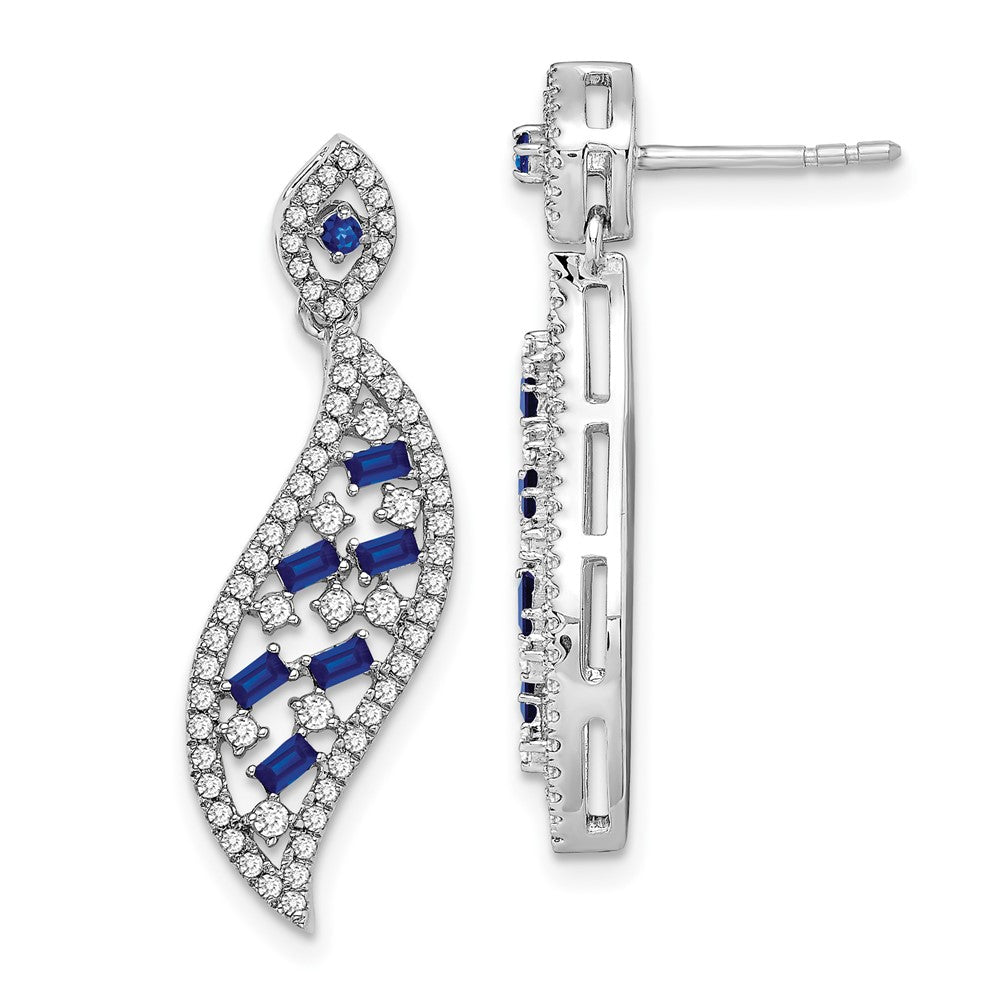 Solid 14k White Gold Simulated Sapphire and CZ Wave Post Earrings