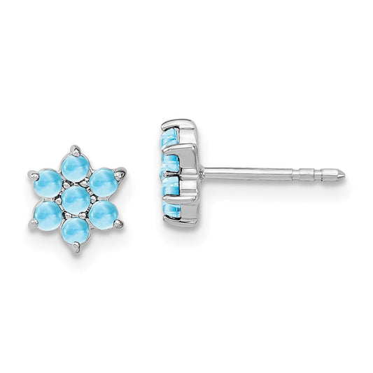 Solid 14k White Gold Simulated Blue Topaz Floral Post Earrings