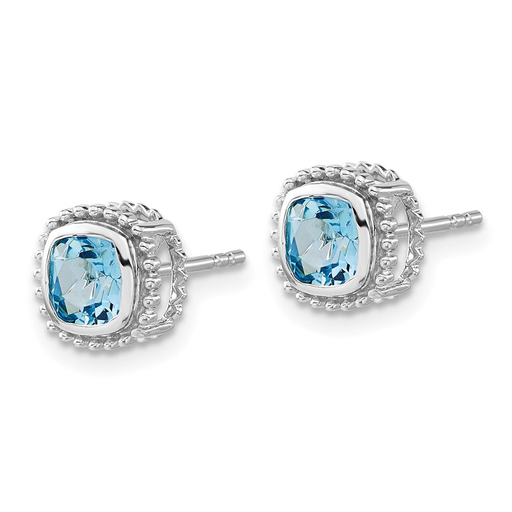 Solid 14k White Gold Cushion Simulated Blue Topaz Earrings