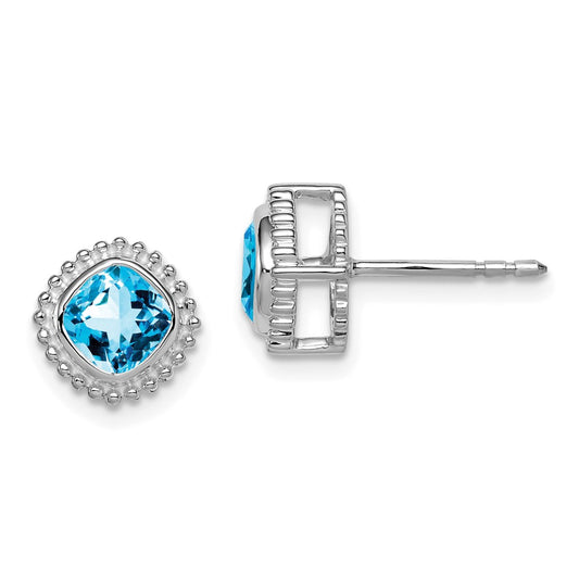 14k White Gold Cushion Blue Topaz Earrings