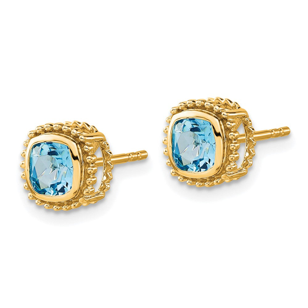 Solid 14k Yellow Gold Cushion Simulated Blue Topaz Earrings