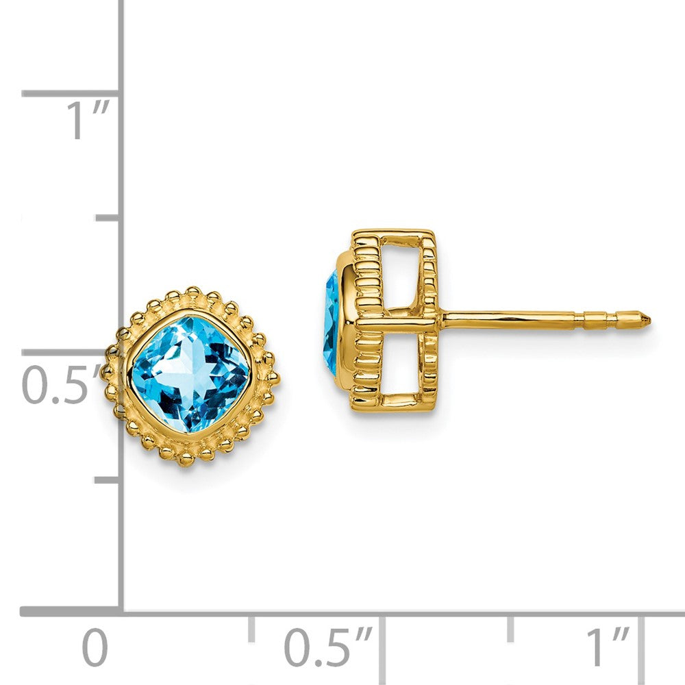 Solid 14k Yellow Gold Cushion Simulated Blue Topaz Earrings