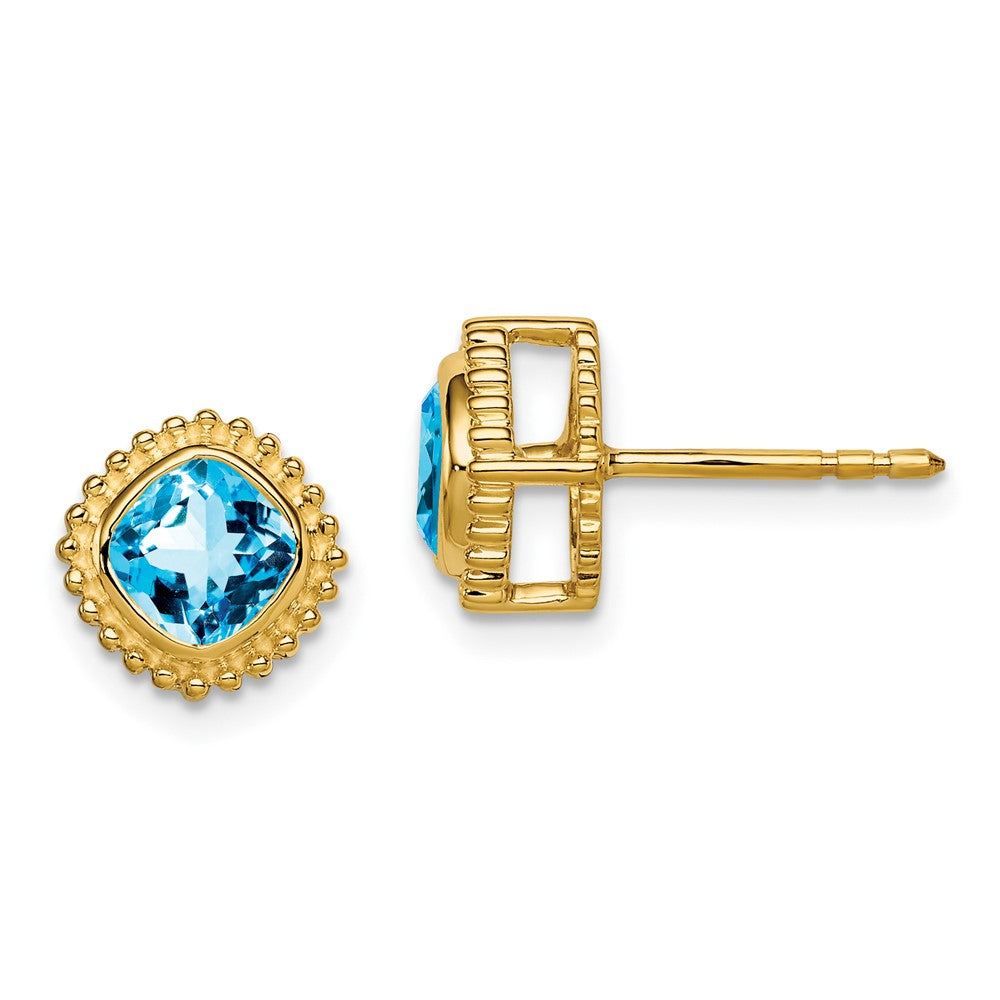 Solid 14k Yellow Gold Cushion Simulated Blue Topaz Earrings