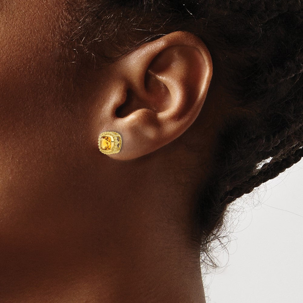 Solid 14k Yellow Gold Cushion Simulated Citrine Earrings