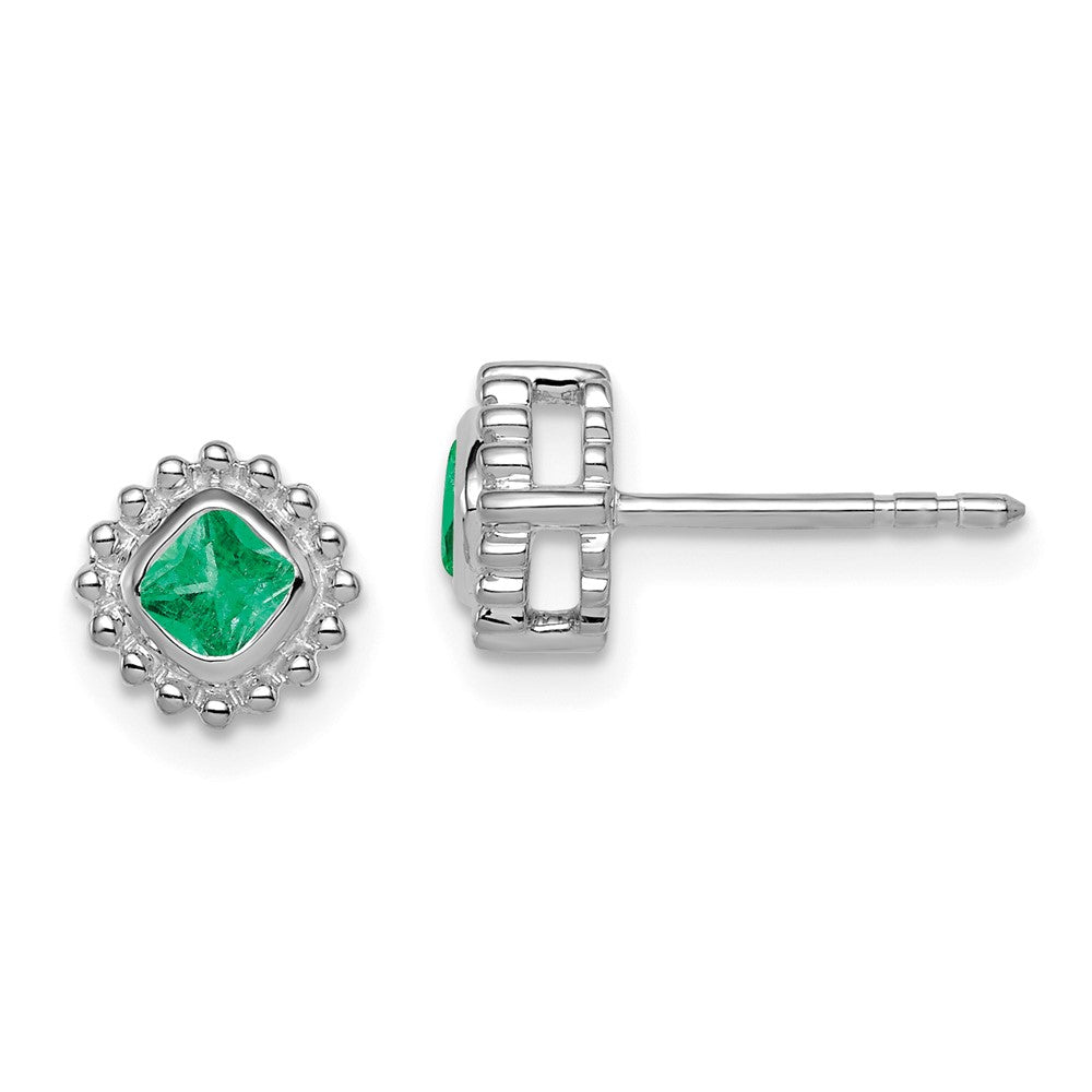 Solid 14k White Gold Cushion Simulated Emerald Earrings