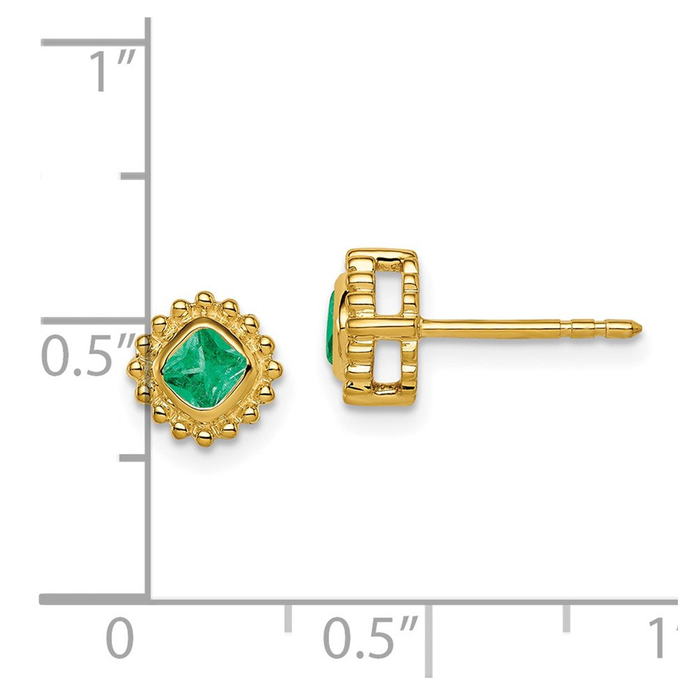 Solid 14k Yellow Gold Cushion Simulated Emerald Earrings