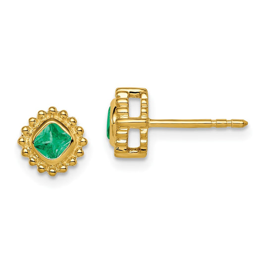 Solid 14k Yellow Gold Cushion Simulated Emerald Earrings