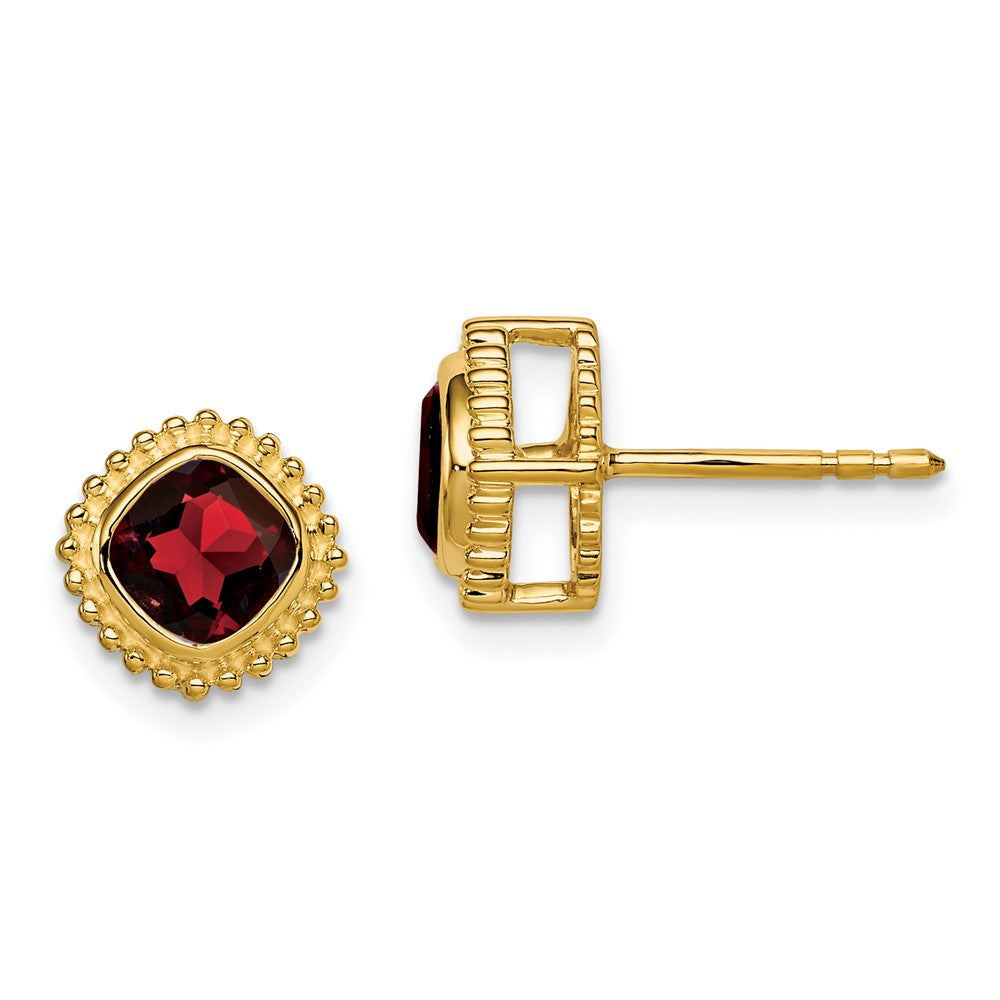 Solid 14k Yellow Gold Cushion Simulated Garnet Earrings