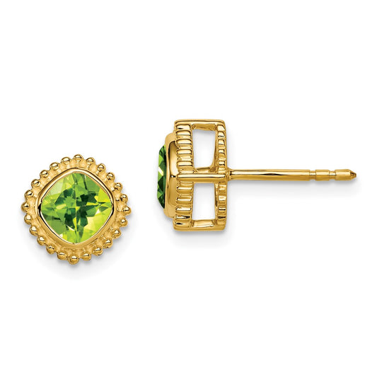 Solid 14k Yellow Gold Cushion Simulated Peridot Earrings