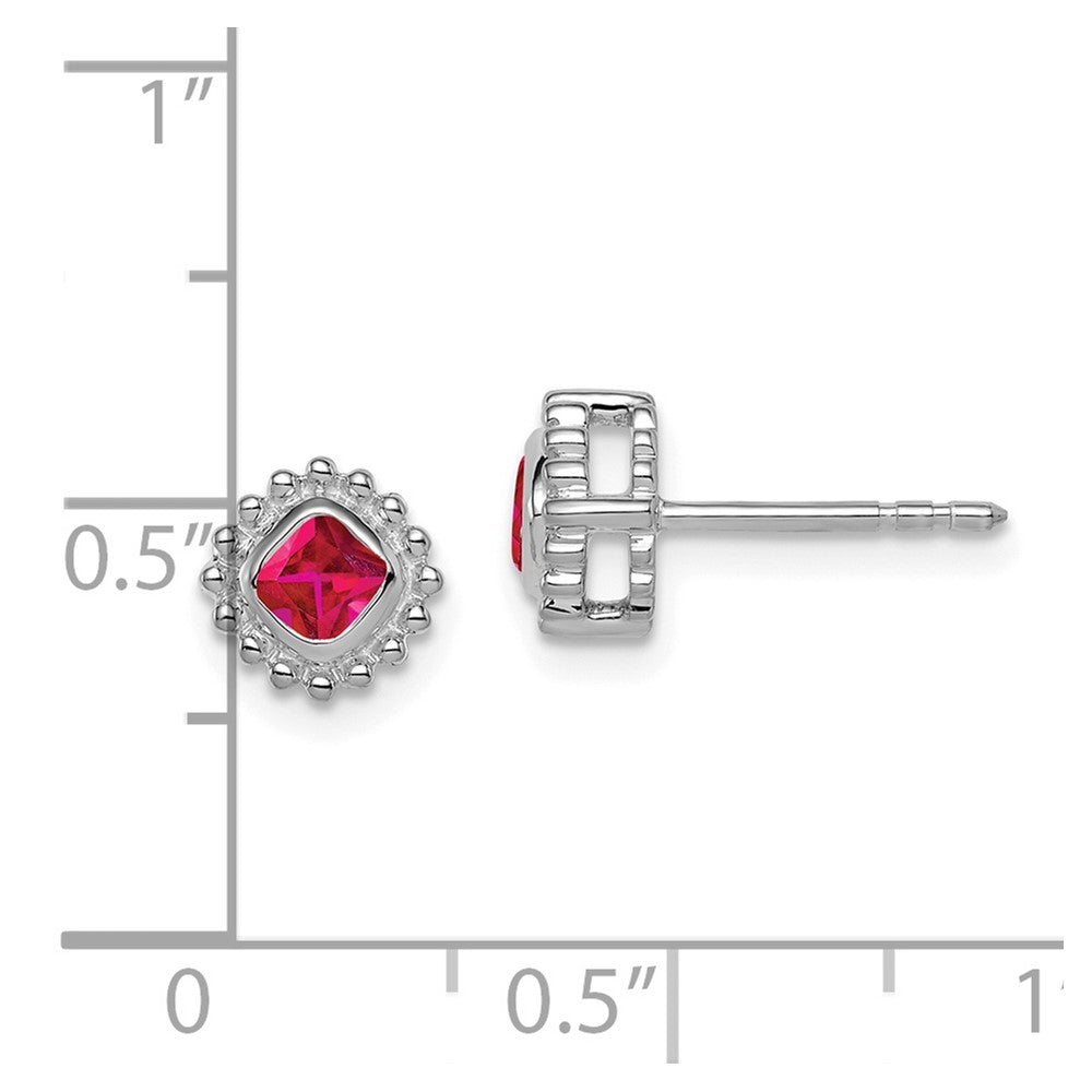 Solid 14k White Gold Cushion Simulated Ruby Earrings