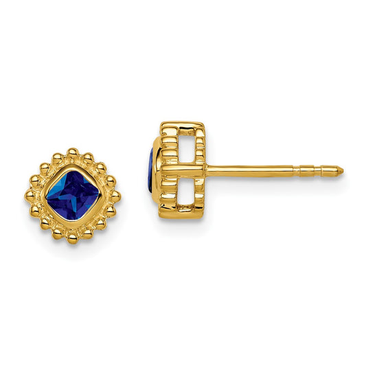 Solid 14k Yellow Gold Cushion Simulated Sapphire Earrings