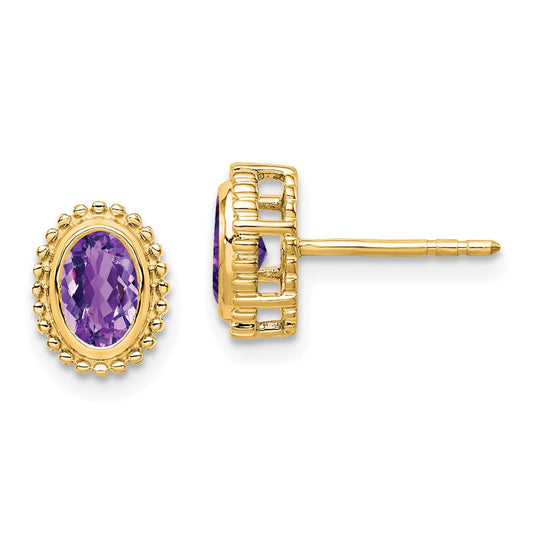 Solid 14k Yellow Gold Oval Simulated Amethyst Post Earrings