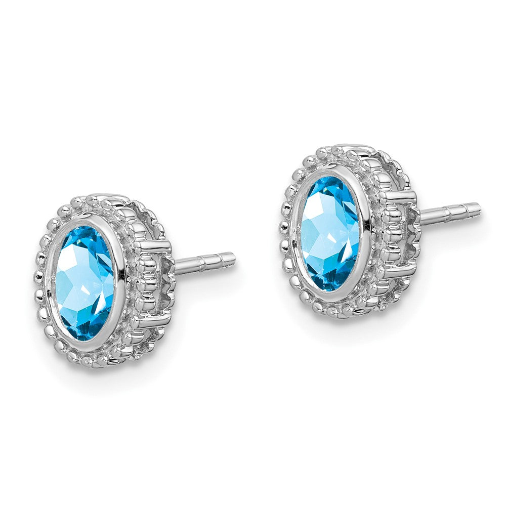 Solid 14k White Gold Oval Simulated Blue Topaz Post Earrings