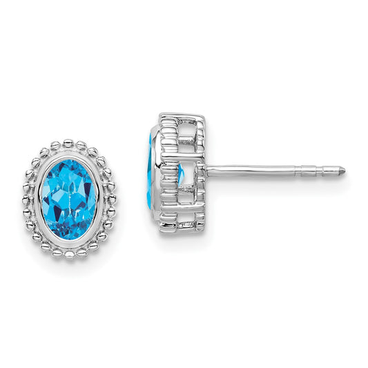 Solid 14k White Gold Oval Simulated Blue Topaz Post Earrings