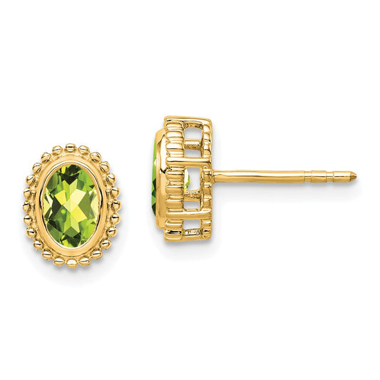 Solid 14k Yellow Gold Oval Simulated Peridot Post Earrings