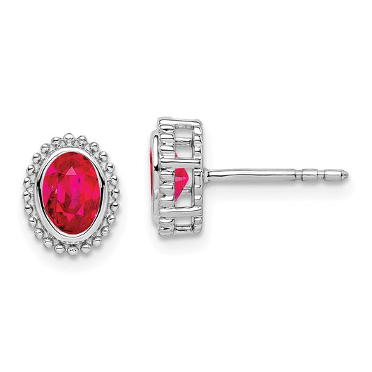 Solid 14k White Gold Oval Simulated Ruby Post Earrings