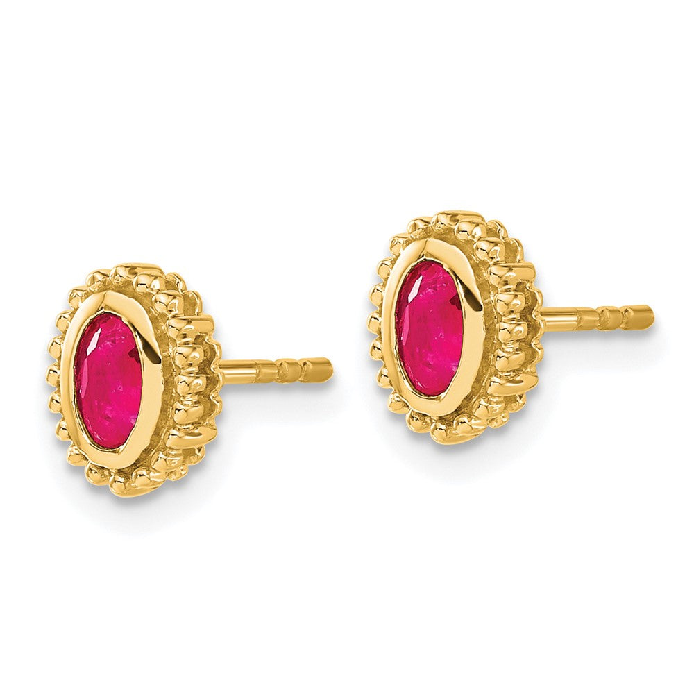 Solid 14k Yellow Gold Oval Simulated Ruby Post Earrings