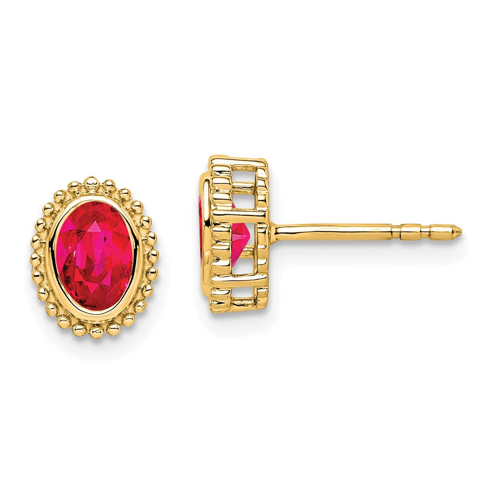 Solid 14k Yellow Gold Oval Simulated Ruby Post Earrings