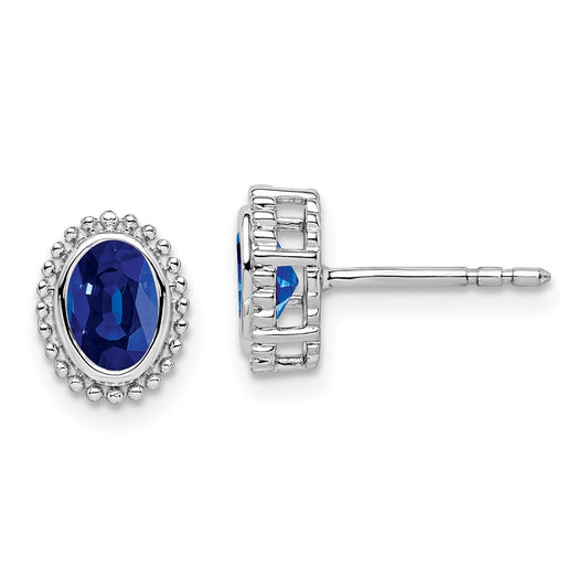 Solid 14k White Gold Oval Simulated Sapphire Post Earrings