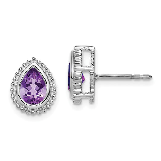 14k White Gold Pear Amethyst Post Earrings