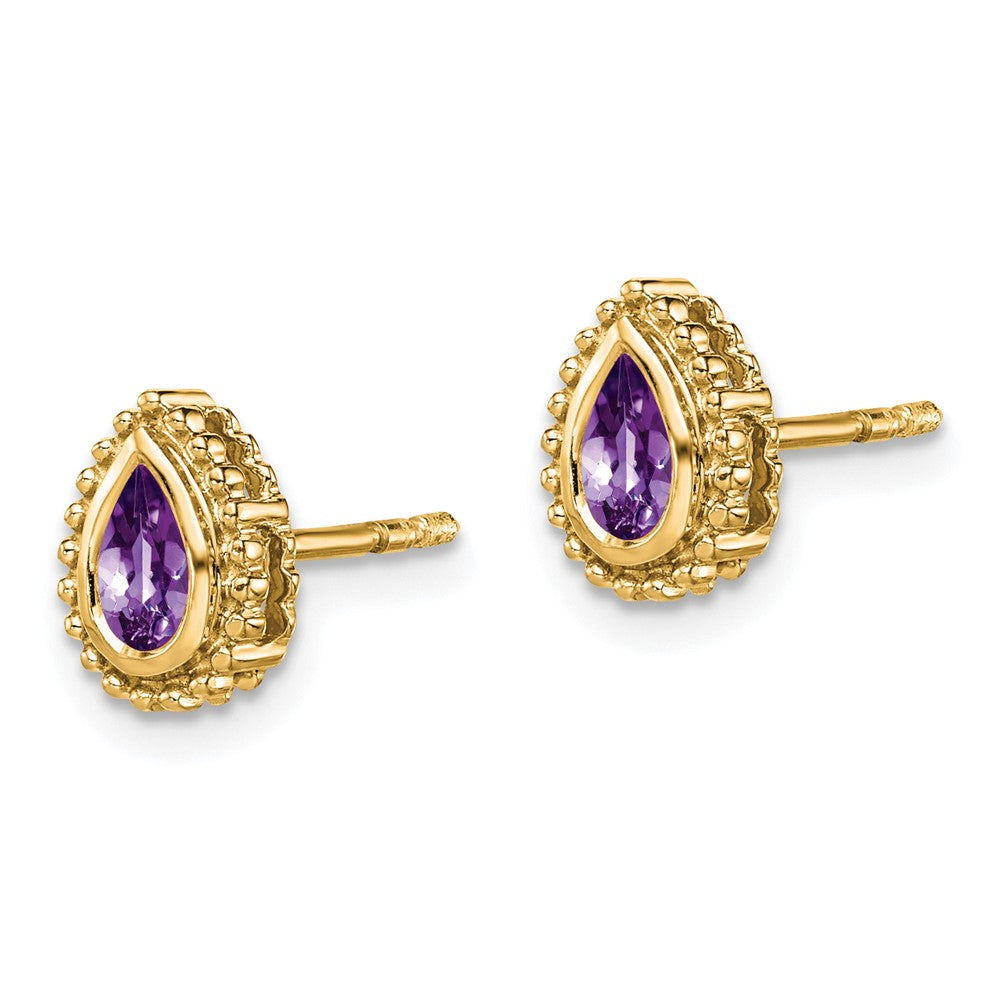 Solid 14k Yellow Gold Pear Simulated Amethyst Post Earrings