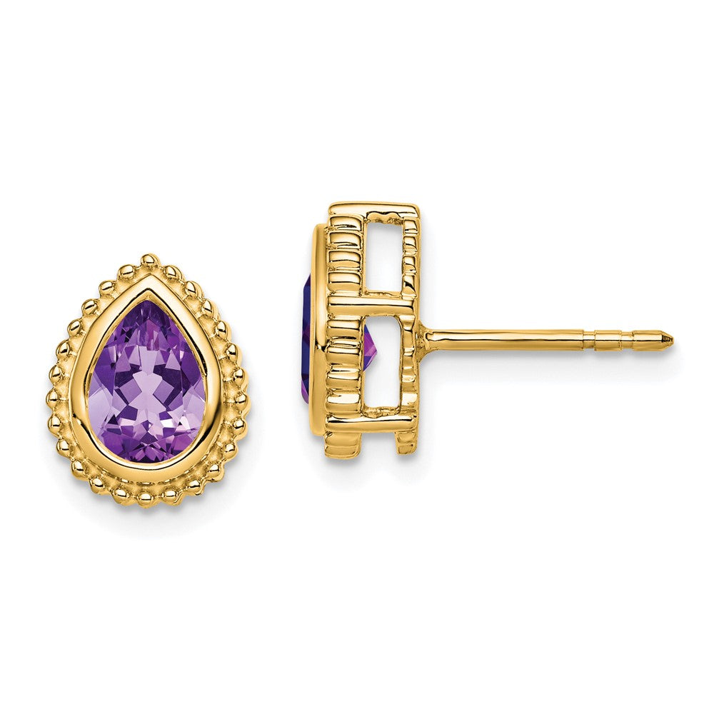 Solid 14k Yellow Gold Pear Simulated Amethyst Post Earrings