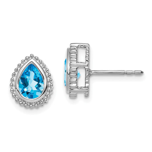 14k White Gold Pear Blue Topaz Post Earrings