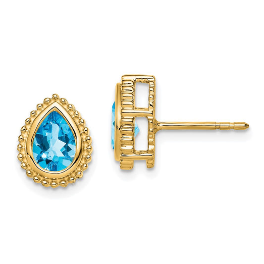 14k Yellow Gold Pear Blue Topaz Post Earrings