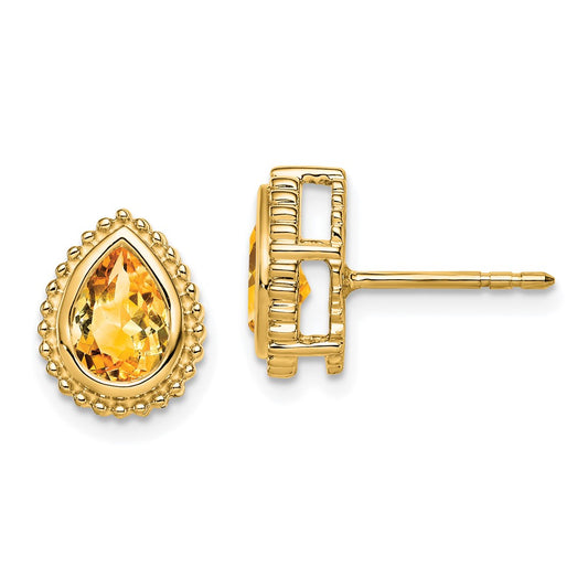 Solid 14k Yellow Gold Pear Simulated Citrine Post Earrings