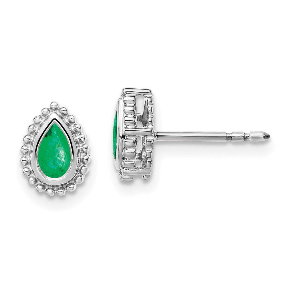 Solid 14k White Gold Pear Simulated Emerald Post Earrings