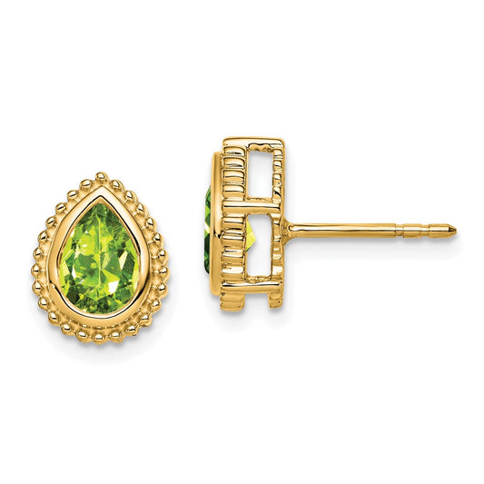 Solid 14k Yellow Gold Pear Simulated Peridot Post Earrings