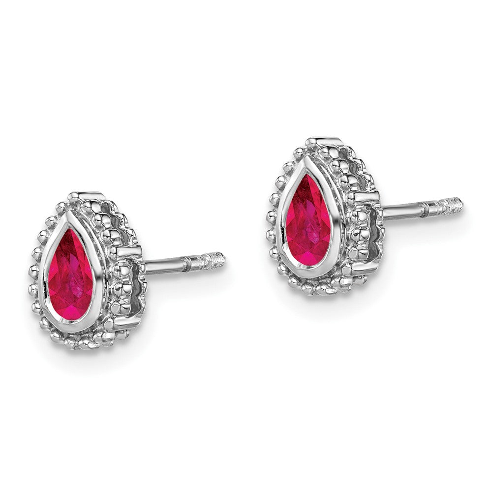 Solid 14k White Gold Pear Simulated Ruby Post Earrings