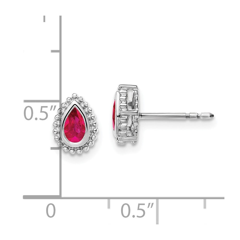 Solid 14k White Gold Pear Simulated Ruby Post Earrings