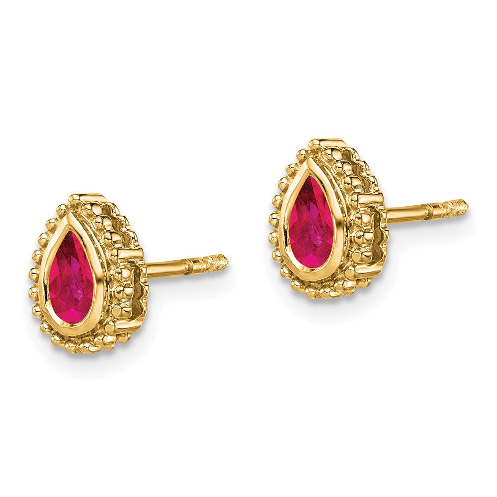 Solid 14k Yellow Gold Pear Simulated Ruby Post Earrings