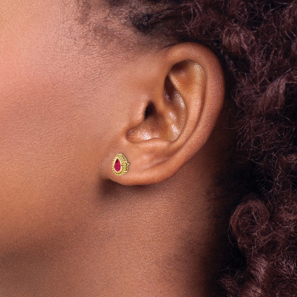 Solid 14k Yellow Gold Pear Simulated Ruby Post Earrings