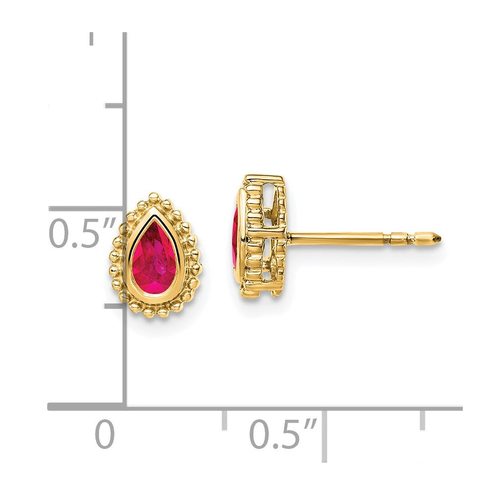 Solid 14k Yellow Gold Pear Simulated Ruby Post Earrings