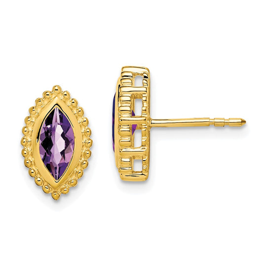 Solid 14k Yellow Gold Marquise Simulated Amethyst Post Earrings