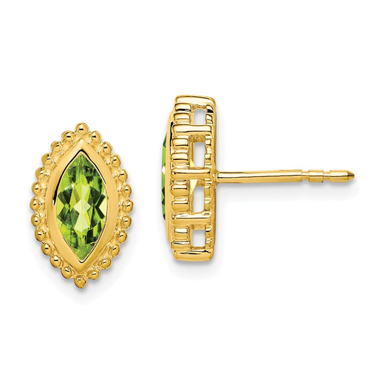 Solid 14k Yellow Gold Marquise Simulated Peridot Post Earrings