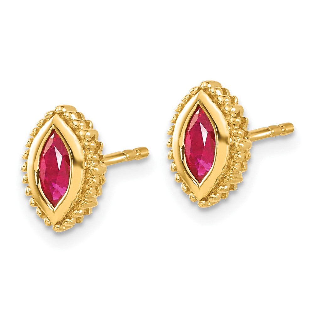 Solid 14k Yellow Gold Marquise Simulated Ruby Post Earrings